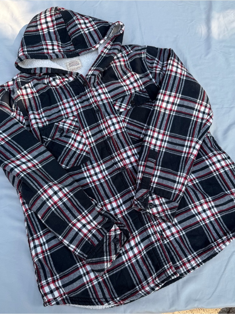 Boston Traders men’s Hooded Plaid Flannel Jacket - Black, White, Red